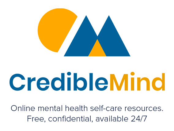 CredibleMind Logo with text online mental health resources. free, confidential available 24/7