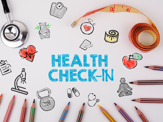 Health Check-In surrounded by pencils, stethoscope, measure tape and other health-related icons