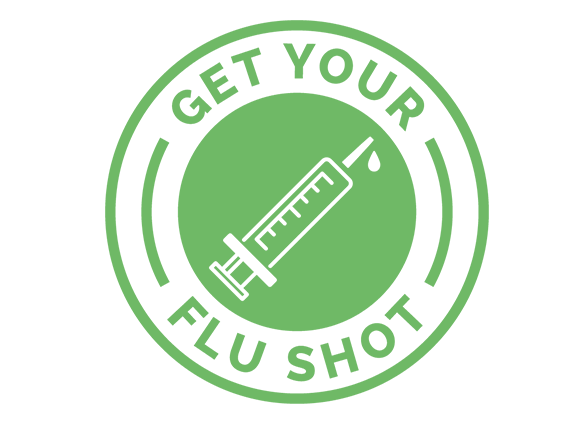 Green circle with a needle in the middle, text says Get Your Flu Shot