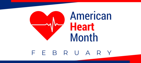 Blue and red text, America Heart Month, February