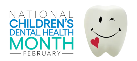 National Children's Dental Health Month february with a tooth with a small red heart