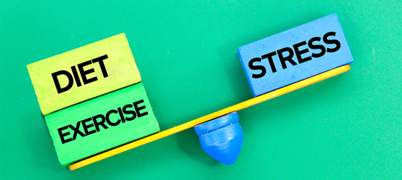 diet and exercise on one side with stress on another side of a balance