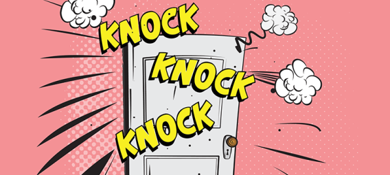 cartoon door with large words knock, knock,knock