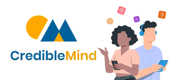 crediblemind logo, illustrations of people interacting with devices