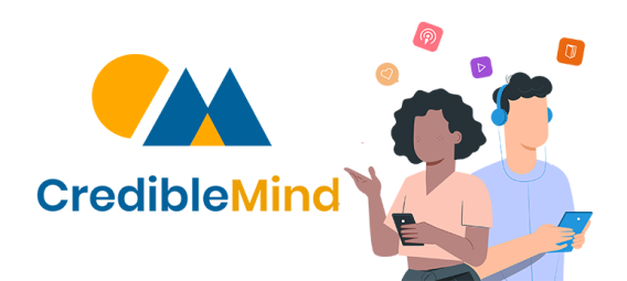 crediblemind logo, illustrations of people interacting with devices