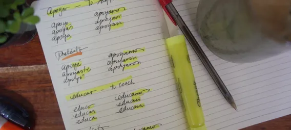 open notebook with highlighted Spanish words