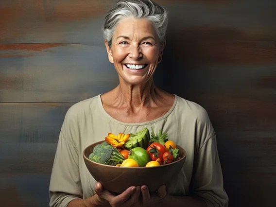 an older woman with a bowl of fruits and vegetables