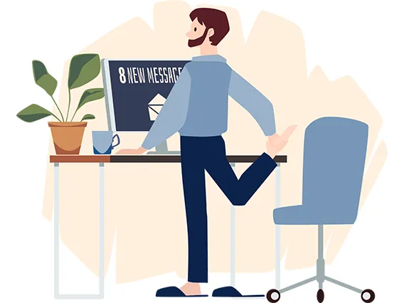 An illustration of  man stretching his legs while looking at his computer with 8 new messages