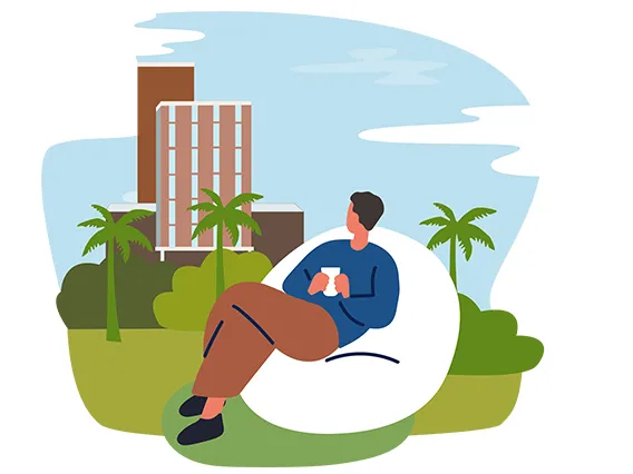 An illustration of  man sitting outside on campus