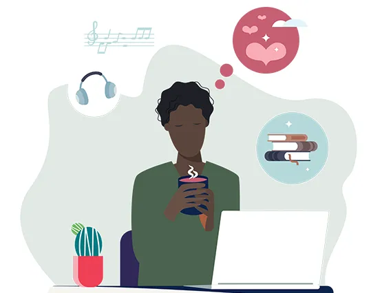 an illustration of a african american woman  sitting at her desk having a drink while daydreaming