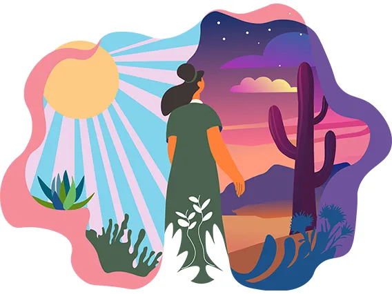 Illustration split between a woman enjoying a sunrise and a sunset