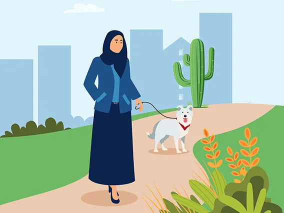 an illustration of a woman wearing a hijab walking her dog