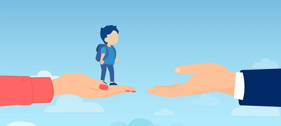 Illustration of child being guided between two parents' hands on colored platforms, representing co-parenting transition and shared custody arrangement