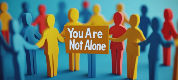 Colorful paper cutout figures holding hands with one highlighted in orange displaying 'You Are Not Alone' message, representing community support and connection.