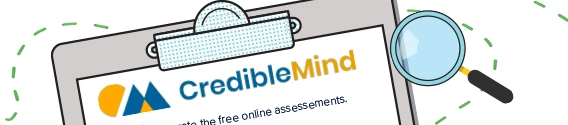 Clipboard with CredibleMind logo and text about free online assessments, viewed through a magnifying glass with decorative elements around it