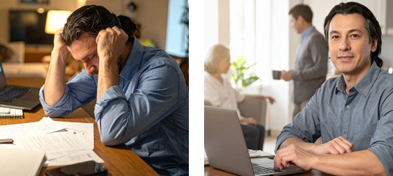  Middle-aged man in casual shirt with older adults in background, representing multigenerational caregiving and family support responsibilities.