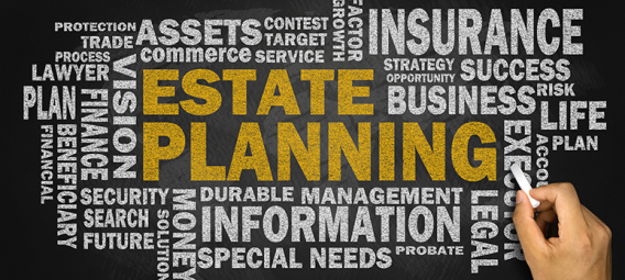 Word cloud featuring estate planning in the center, surrounding by other financial and legal terms