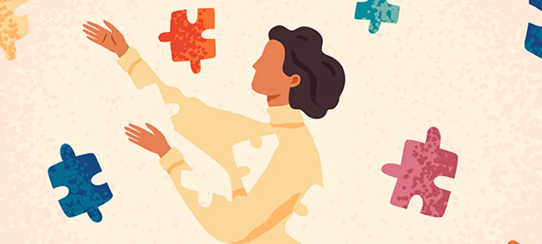 Woman cartoon character assembling herself  with puzzle pieces