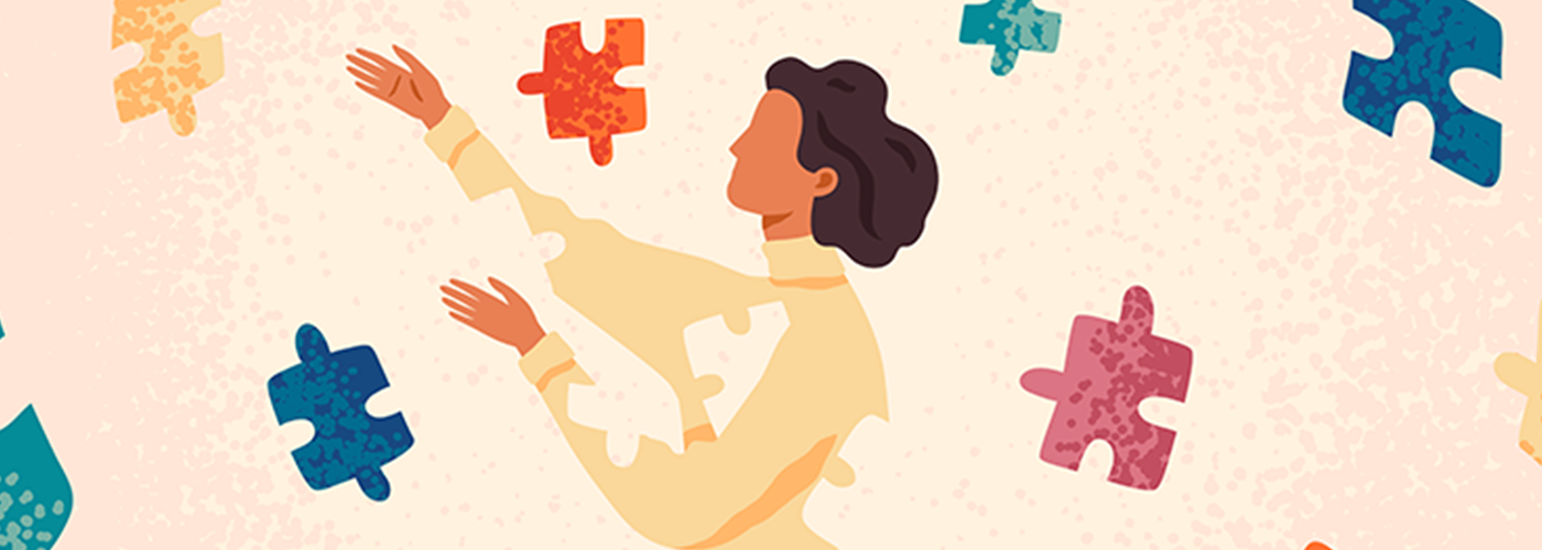 Woman cartoon character assembling herself  with puzzle pieces