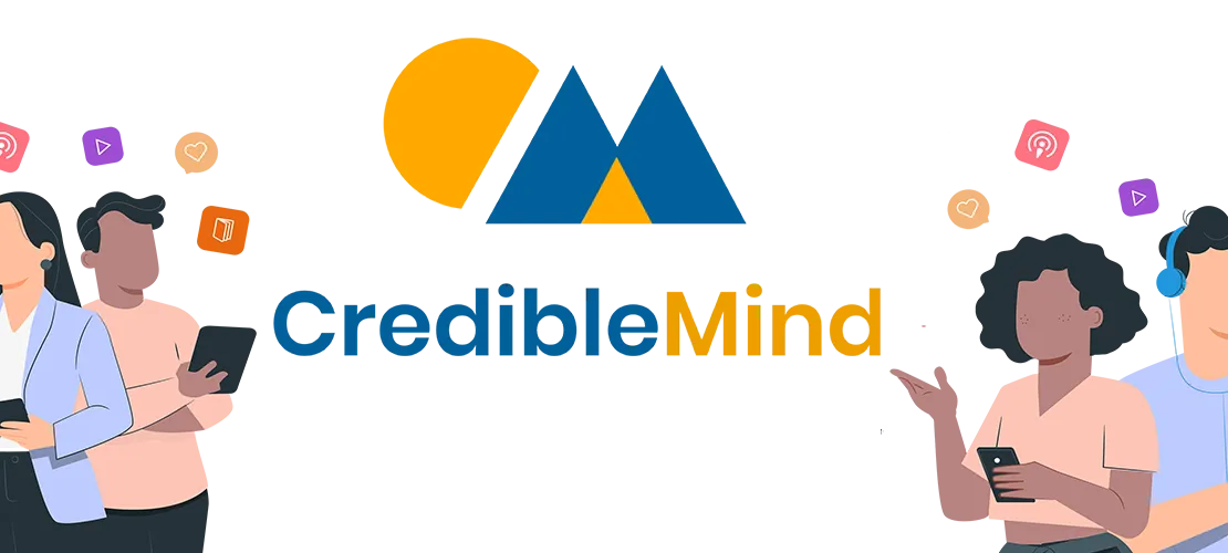 crediblemind logo, illustrations of people interacting with devices