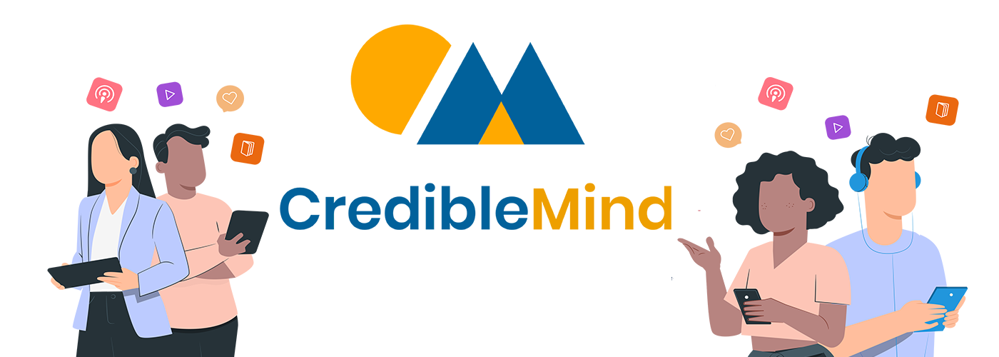 crediblemind logo, illustrations of people interacting with devices