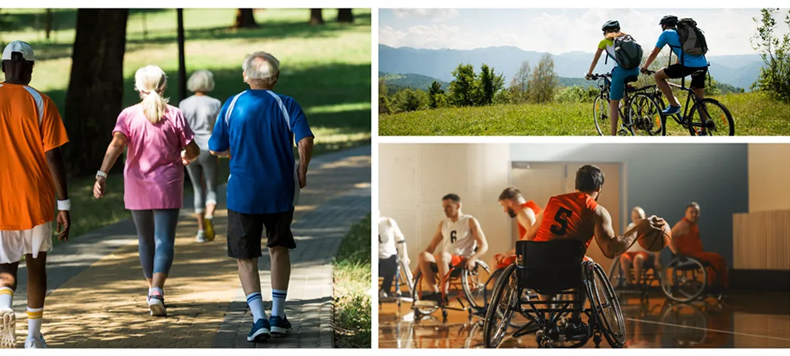 collage of people getting moving by walking, biking, and wheelchair basketball