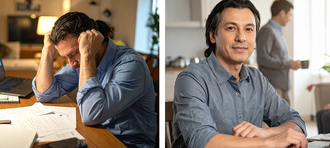 Middle-aged man in casual shirt with older adults in background, representing multigenerational caregiving and family support responsibilities.