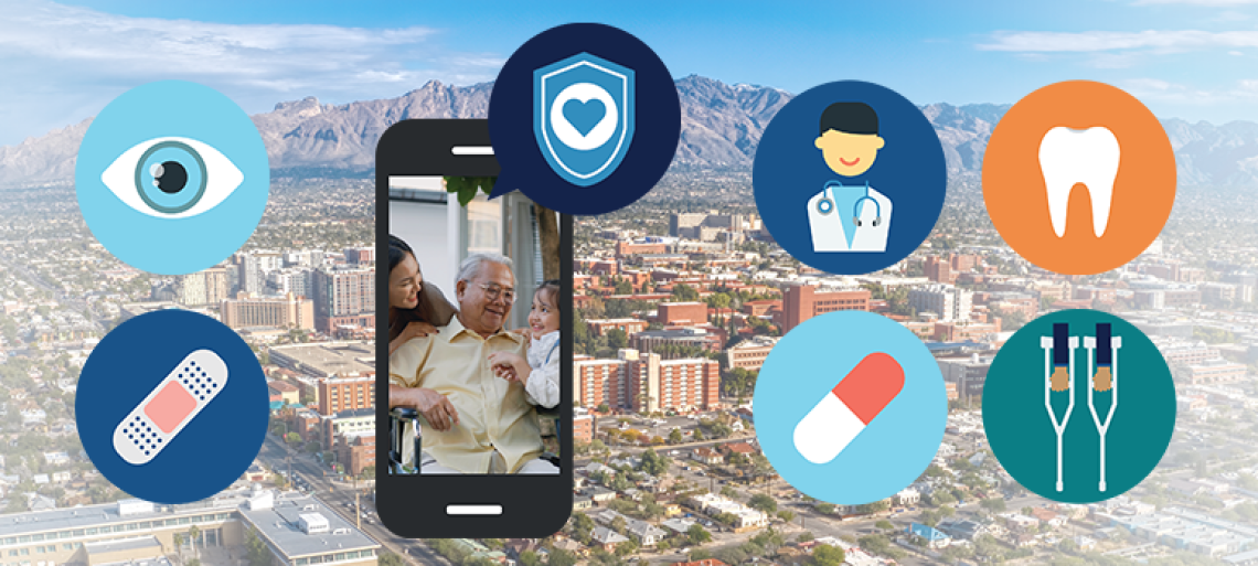 A cellphone with icons of health care on the background of tucson
