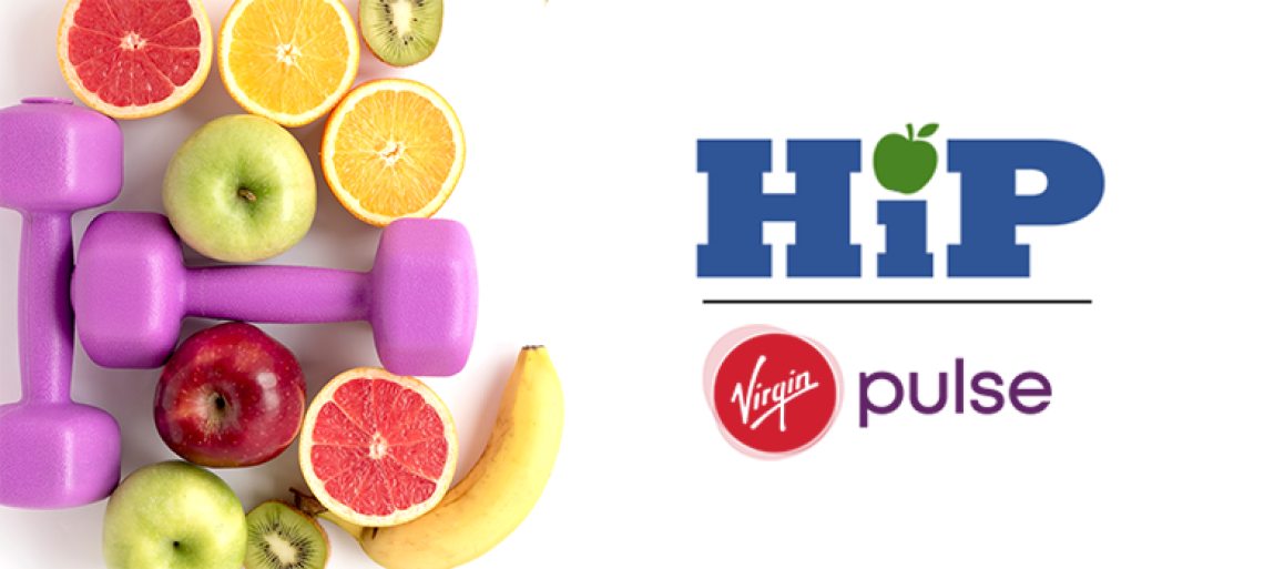 Fruits, hand weights and the logos for HIP and Virgin Pulse