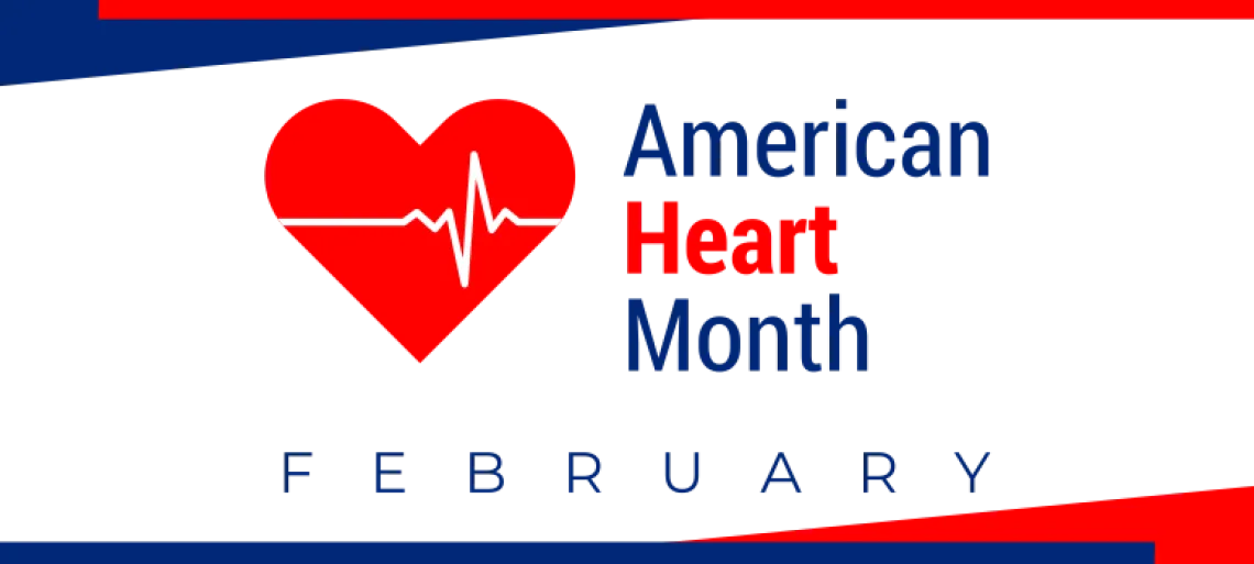 Blue and red text, America Heart Month, February