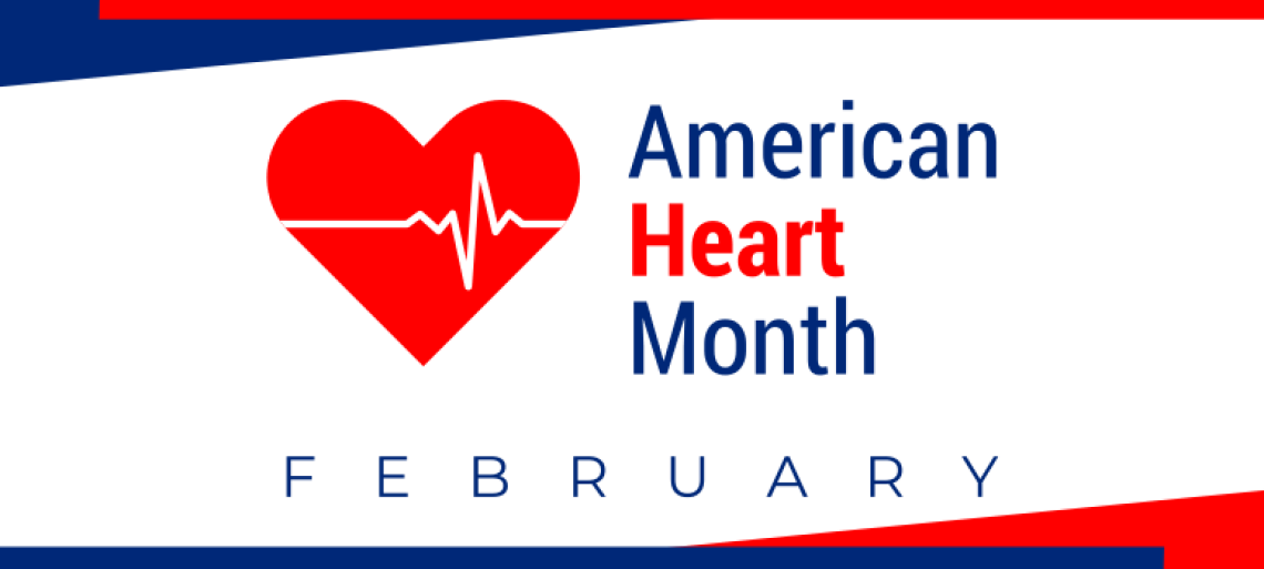 Blue and red text, America Heart Month, February