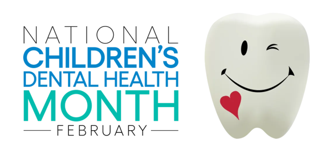 National Children's Dental Health Month february with a tooth with a small red heart