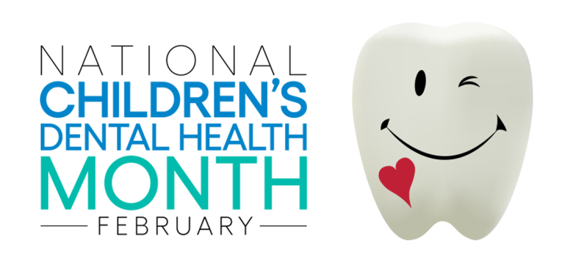 National Children's Dental Health Month february with a tooth with a small red heart