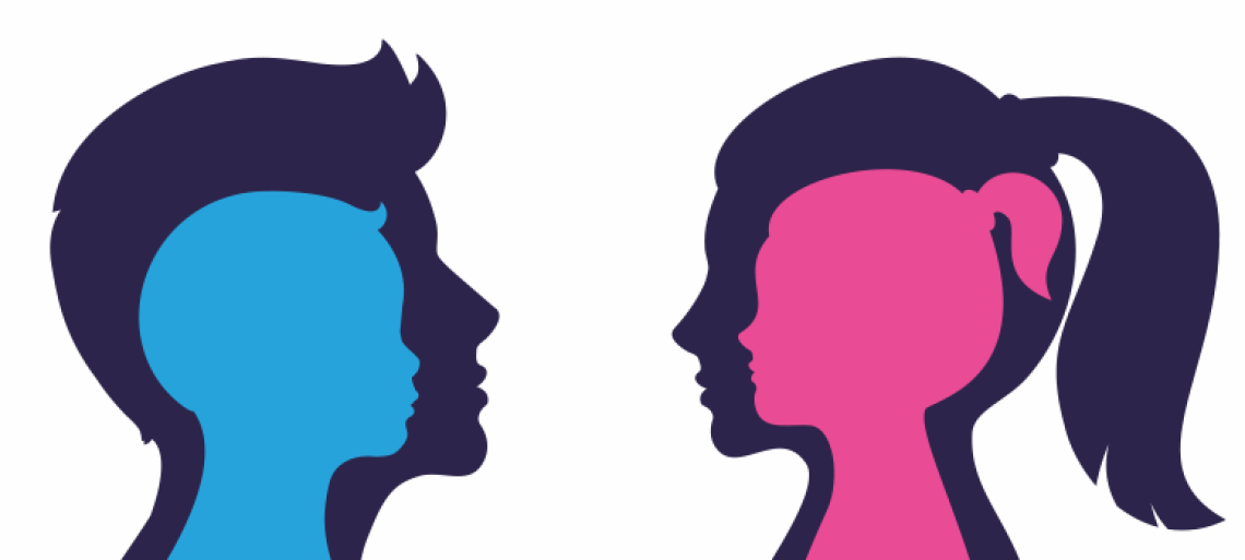 Silhouette of a man and a woman with a child inside their adult heads