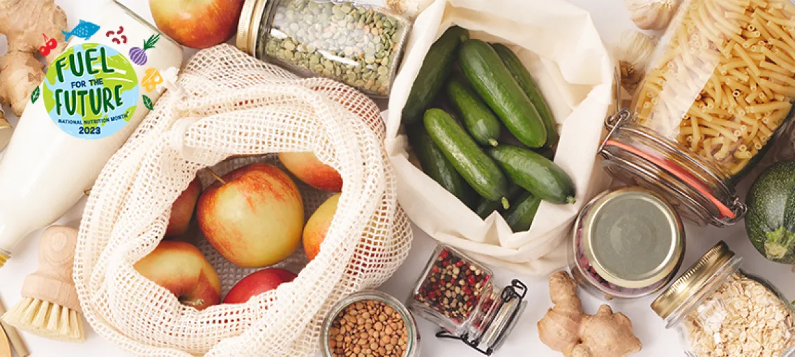 table of fruits and veggies in reusable packaging