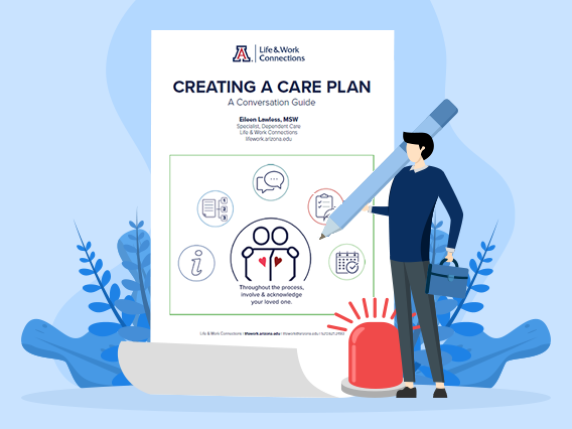 A large paper that says "Creating a Care Plan" with a man holding an oversized pencil