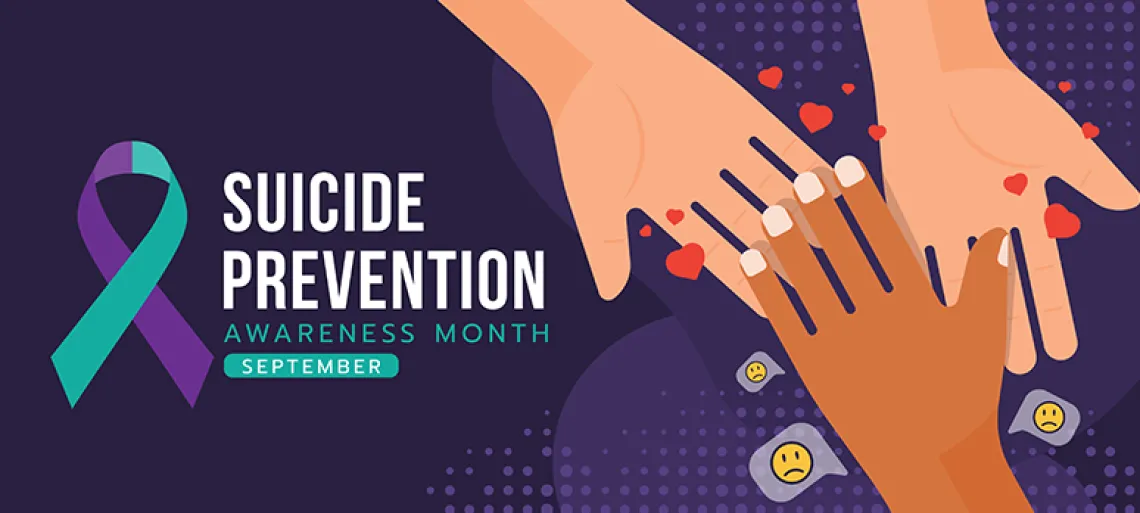 Suicide prevention awareness month text and suicide awareness prevention ribbon sign and hands that delivers love to a sad hand on dark purple background