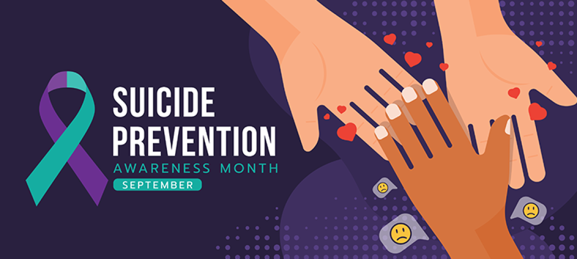 Suicide prevention awareness month text and suicide awareness prevention ribbon sign and hands that delivers love to a sad hand on dark purple background