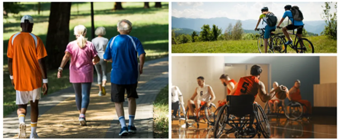 collage of people getting moving by walking, biking, and wheelchair basketball