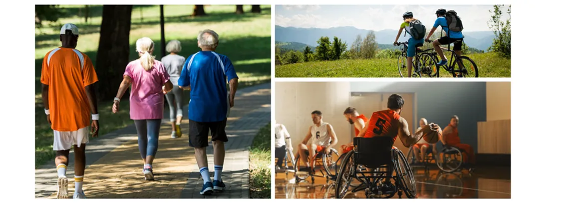 collage of people getting moving by walking, biking, and wheelchair basketball