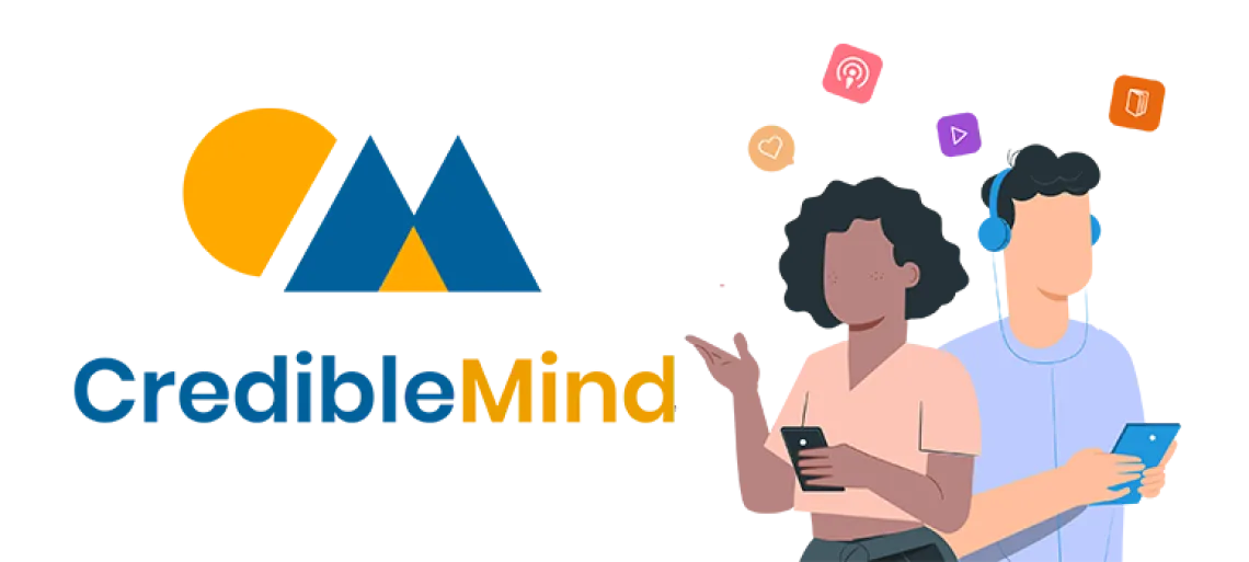 crediblemind logo, illustrations of people interacting with devices