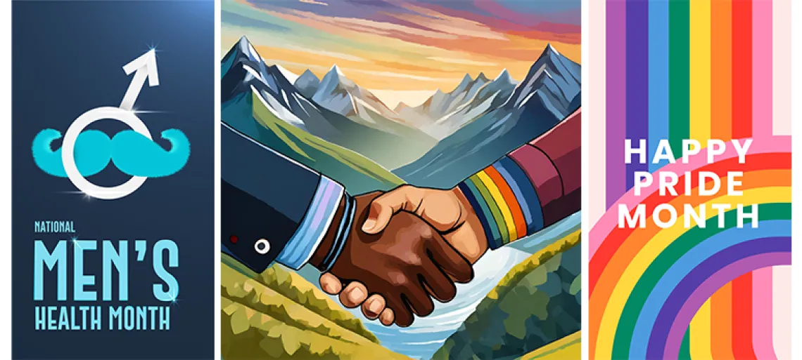 men's health month illustration with two hands holding each other and illustration of happy pride month