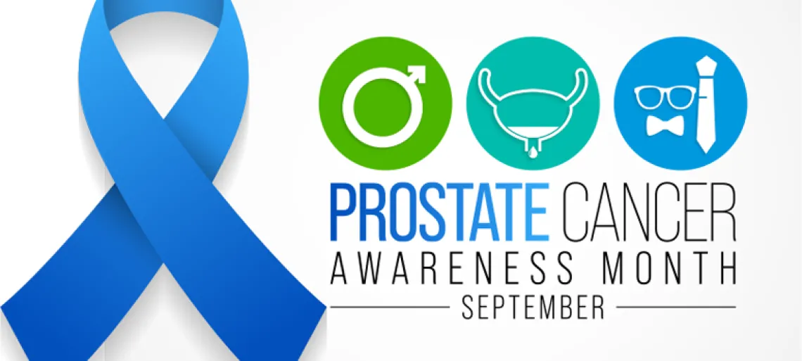 Prostate Cancer Awareness Month text with a blue ribbon.