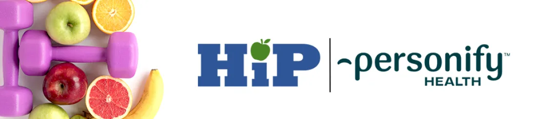 Weights and fruit with text HIP and personify health