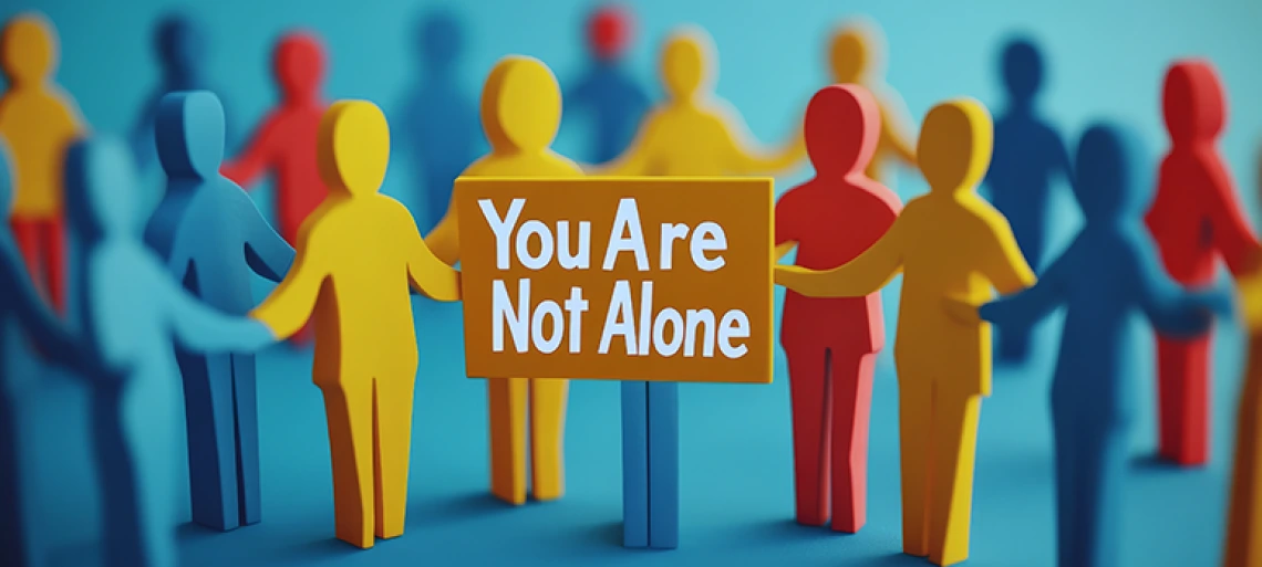 Colorful paper cutout figures holding hands with one highlighted in orange displaying 'You Are Not Alone' message, representing community support and connection.