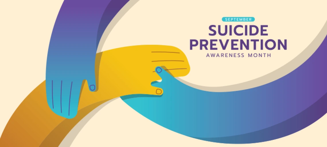 Two hands reaching toward each other in supportive gesture with colorful curved background and text 'September Suicide Prevention Awareness Month