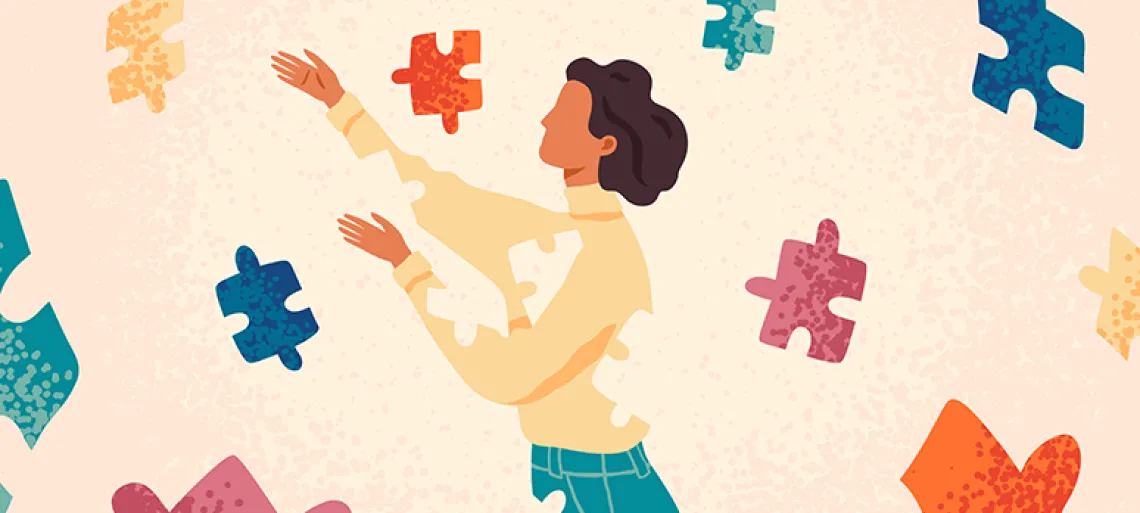 Woman cartoon character assembling herself  with puzzle pieces