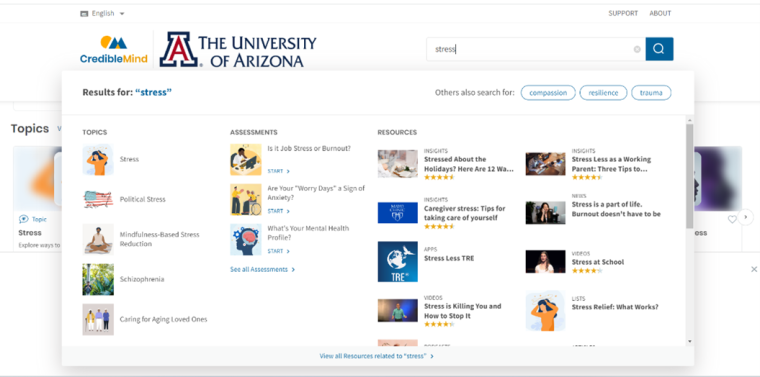 screenshot of the resources screen on arizona.crediblemind.com