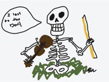 A skeleton playing a violin while saying "The lost of the devil."