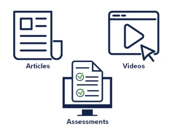 different ways to access information: articles, videos, and assessments